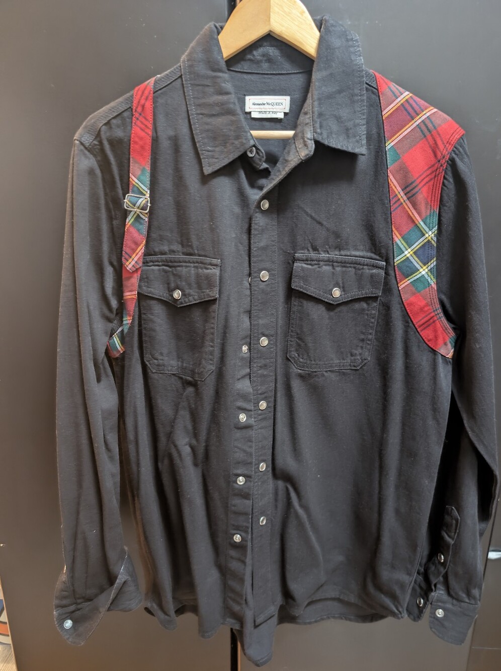 Alexander McQueen Black Denim Button-Down Red Tartan Harness Shirt Size L - 52